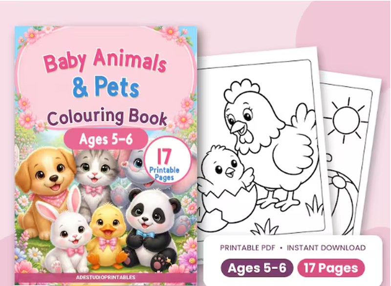 Baby animals and pets colouring book, ages 5 to 6