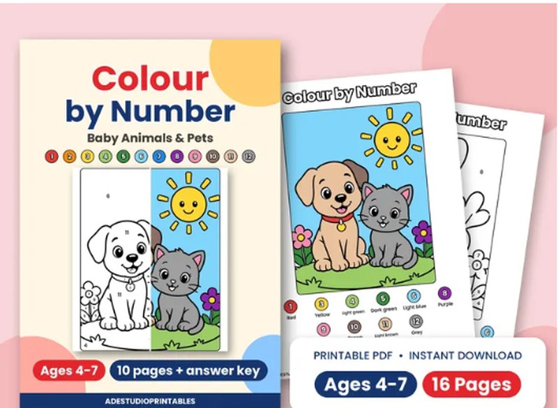 Colour by number, baby animals and pets, ages 4 to 7