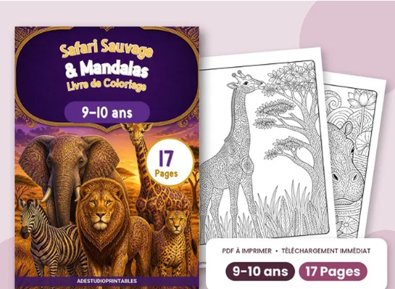 Safari sauvage et mandalas, livre de coloriage 9 à 10 ans