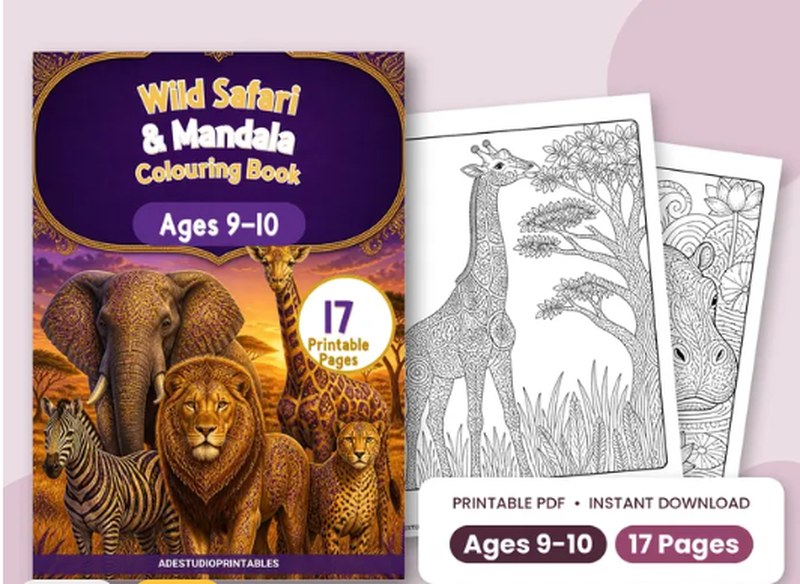 Wild safari and mandala colouring book, ages 9 to 10